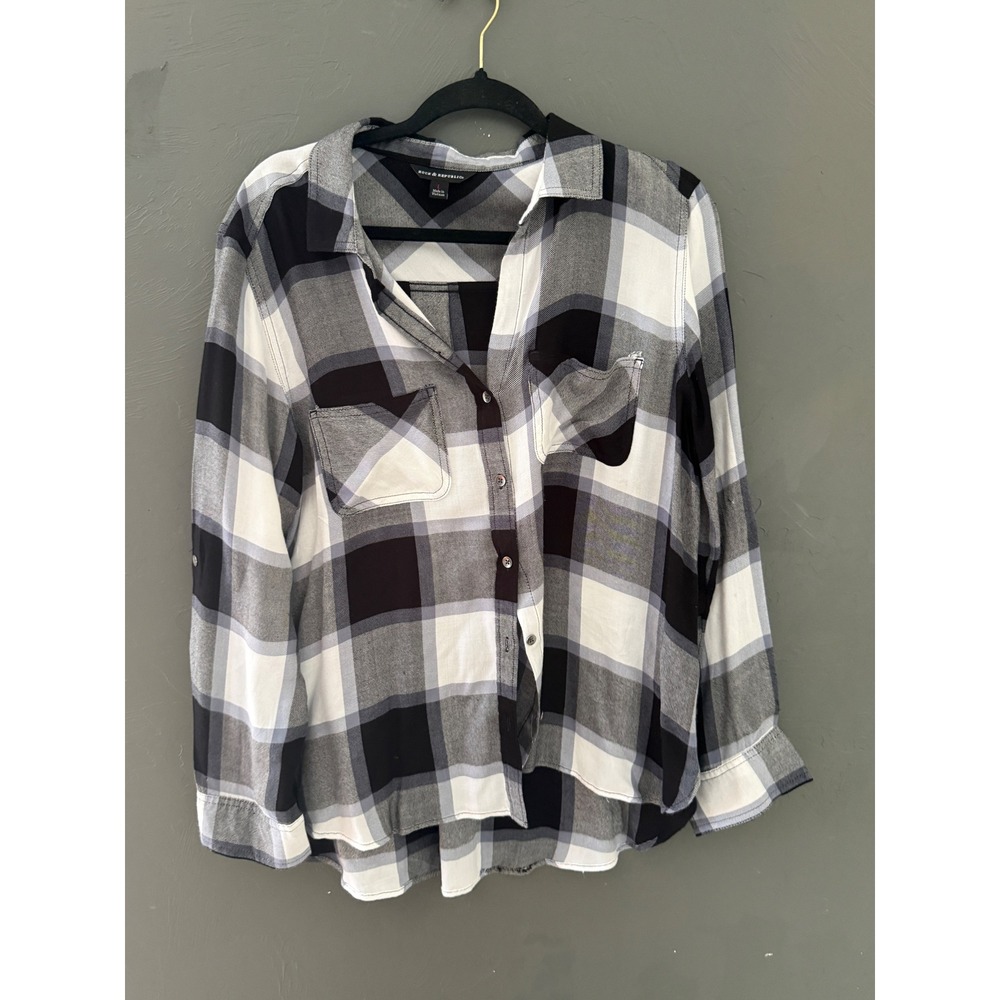 Rock & Republic Womens Black White Plaid Button Down Rayon Shirt Large Fall